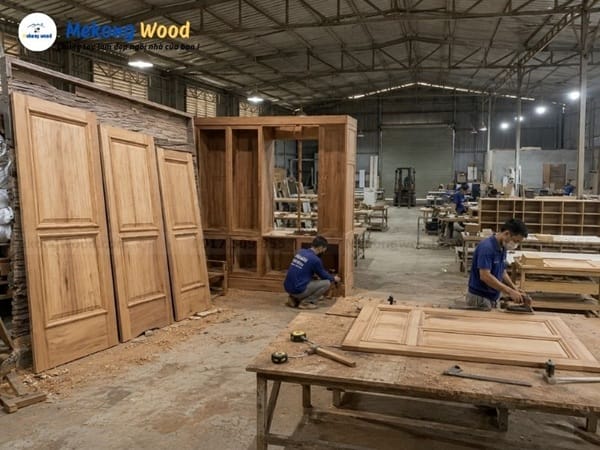 Thi công cửa gỗ tự nhiên tại xưởng nội thất mekongwood