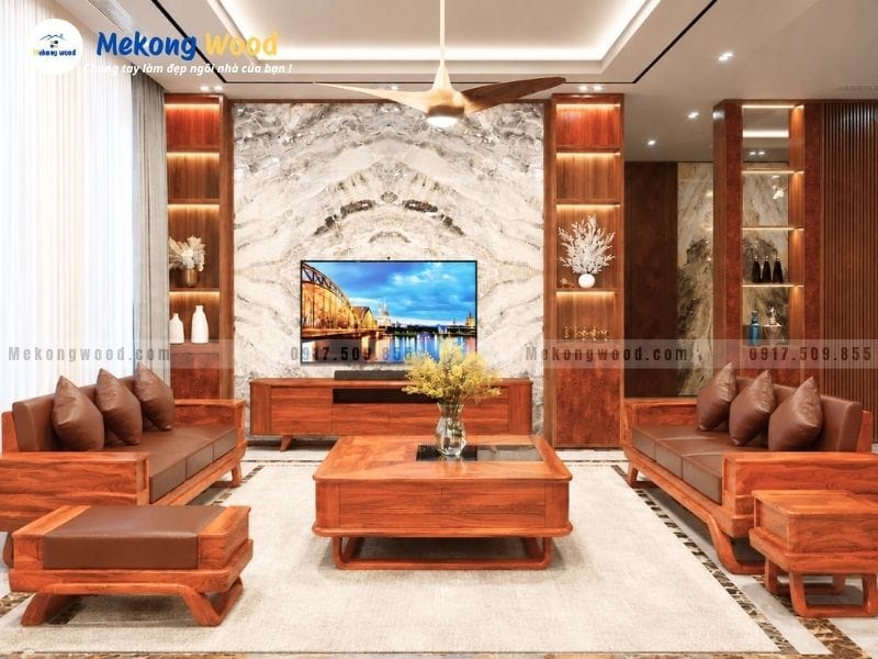 Hình ảnh nội thất phòng khách được làm bằng gỗ gõ đỏ