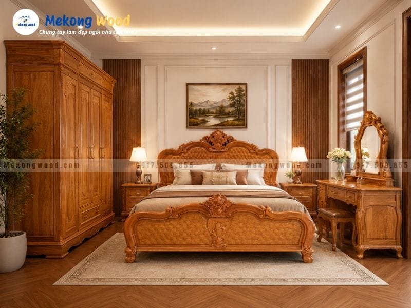 Hình ảnh combo nội thất phòng ngủ làm bằn gỗ gõ đỏ