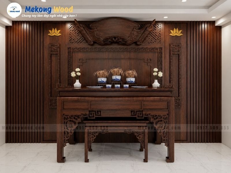 Thiết kế phòng thờ đồng bộ màu giả cổ truyền thống