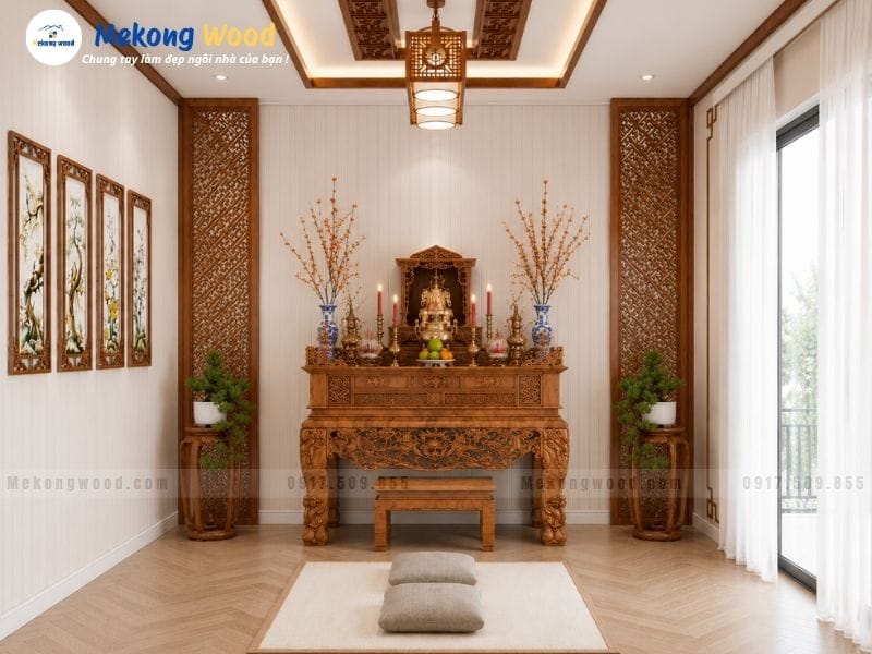 Hình ảnh thiết kế ohofng thờ trên sân thượng với bộ bàn thờ và vách cnc trang trí tối giản