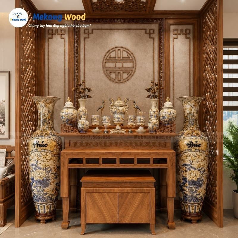 Phòng thờ trong phòng khách với vách cnc thiết kế tối giản