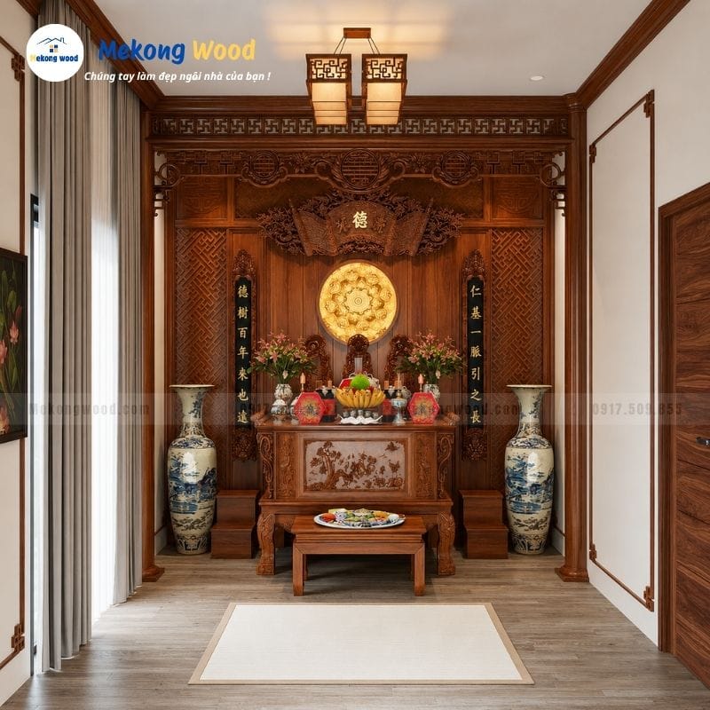 Mẫu phòng thờ trên tầng thượng với cuốn thư câu đối và cách gỗ cnc