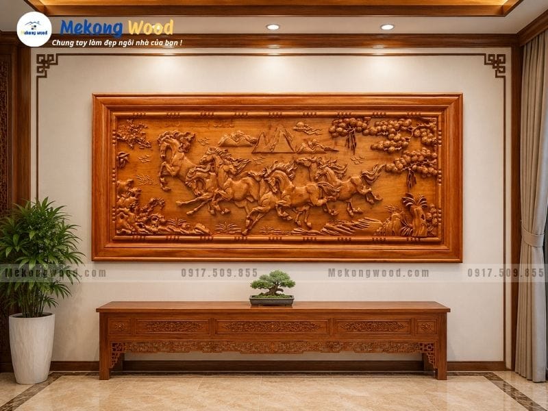 Tranh bát mã làm bằng gỗ gõ đỏ màu sắc sáng và sang trọng