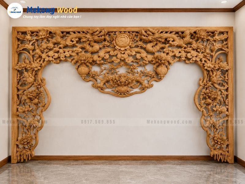 Hình ảnh cửa võng phòng thờ được chạm khắc rồng hóa