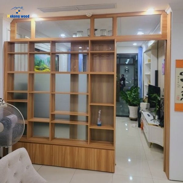 vách ngăn phòng khách có tủ trang trí