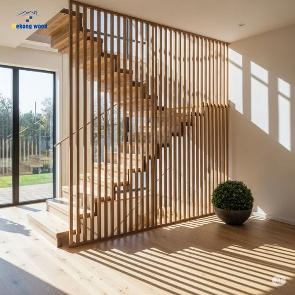 hình ảnh vách ngăn phòng khách và cầu thang bằng gỗ
