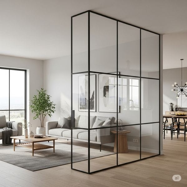 vách ngăn bằng kính có kệ trang trí