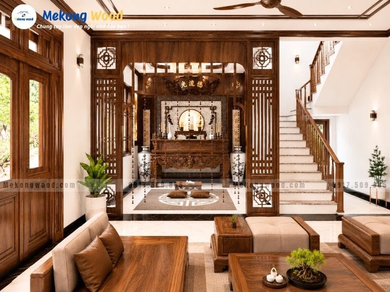 Vách ngăn phòng khách với bàn thờ