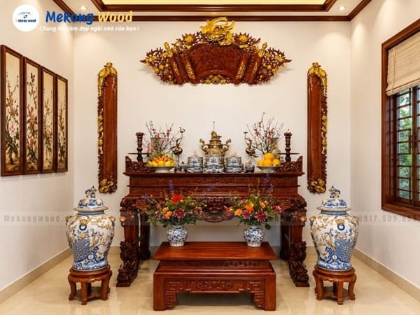 Hình ảnh sắp sếp vật phẩm trang trí  cho bàn thờ gia tiên