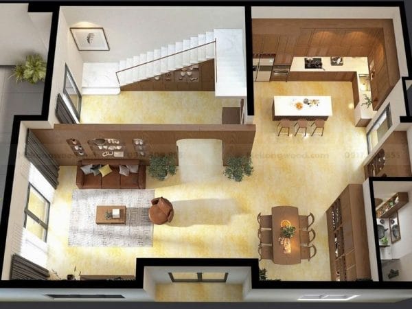 Bản vẽ thiết kế nội thất 3D tại Bến Lúc của Mekongwood