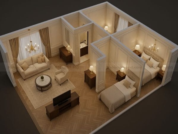 Hình ảnh thiết kế nội thất 3D cho căn hộ 2 phòng ngủ