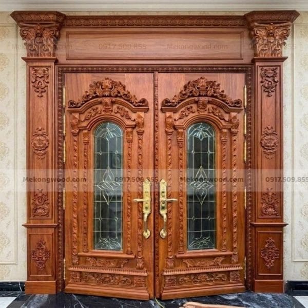 Mẫu cửa gỗ 2 dánh dành cho biệt thự nhà phố có kính
