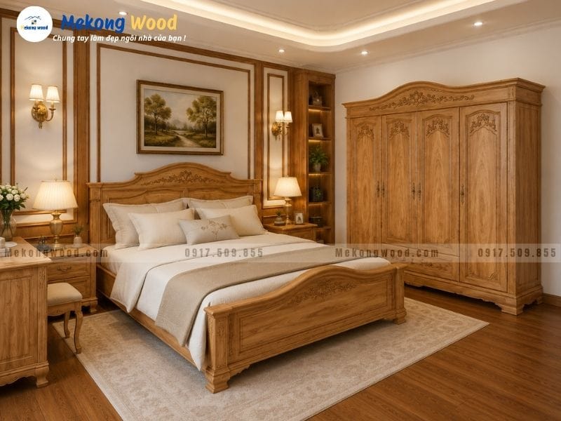 hình ảnh phòng ngủ với giường ngủ và tủ quần áo gỗ tự nhiên