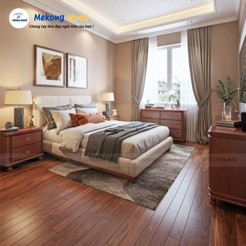 Hình ảnh sàn gỗ tự nhiên trong phòng ngủ căn hộ hung cư