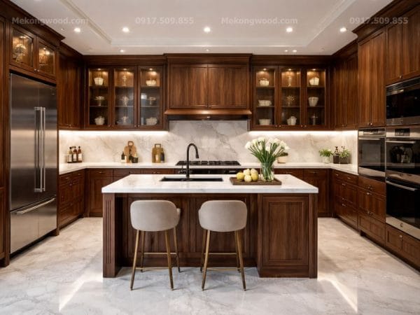 Hình ảnh thiết kế 3D phòng bếp gỗ óc chó