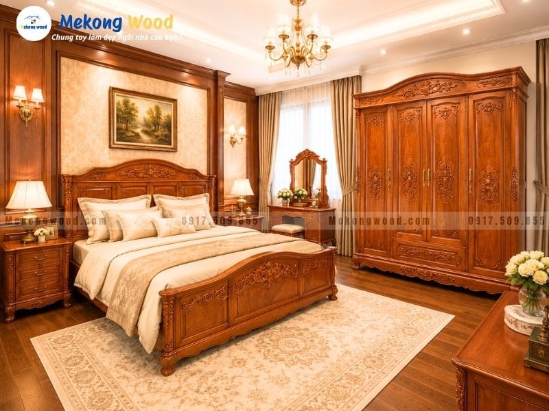 Hình ảnh phòng vủ sang trọng với tủ quần áo gỗ căm xe