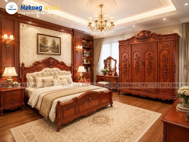 Hình ảnh phòng ngủ với giường và tủ quần áo gỗ tự nhiên tân cổ điển