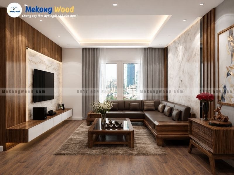 Trang trí phòng khách bằng sàn gỗ tự nhiên