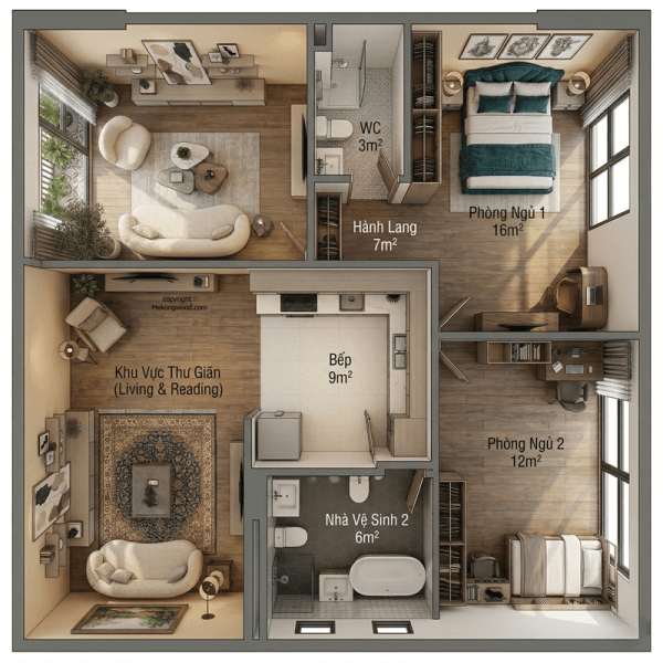 Ảnh thiết kế nội thất chung cư 2 phòng ngủ 1 phòng khách