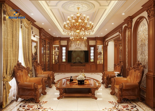 trang trí phòng khách gỗ tự phong cách cổ điển