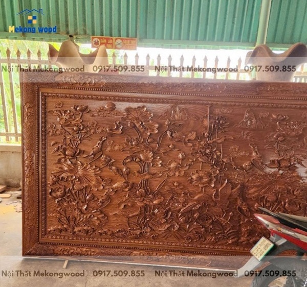 tranh gỗ sen cò đồng quê gỗ gõ đỏ đẹp