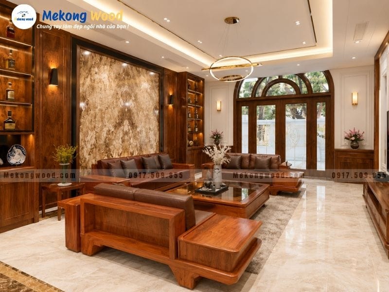 Trang trí phòng khách bằng nội thất gỗ gõ đỏ