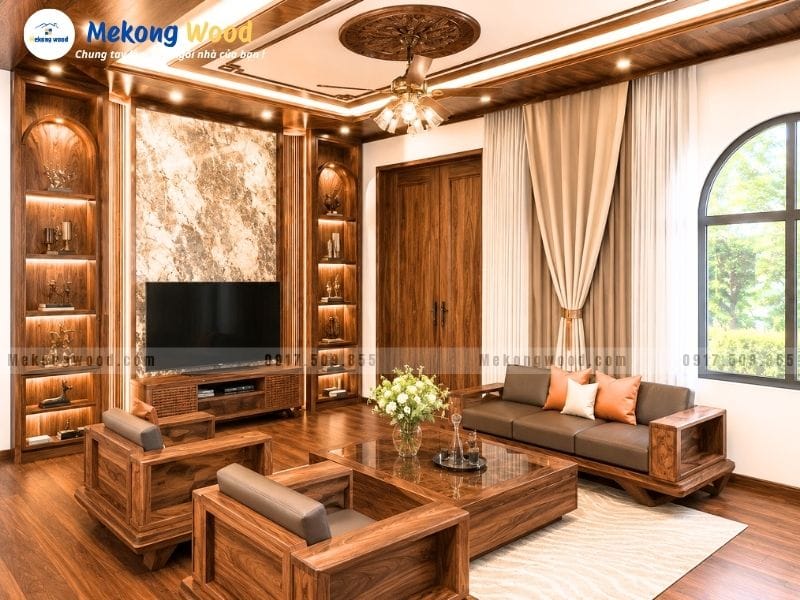 Trang trí nội thất phòng khách bằng gỗ óc chó
