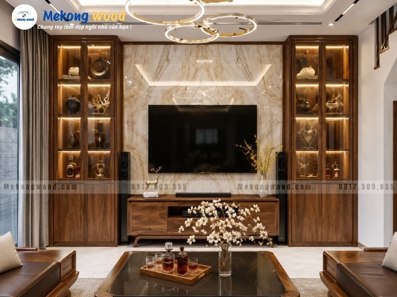 Trang trí nội thất phong khách với vách tivi gỗ tự nhiên