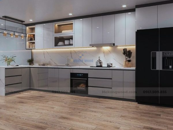 tủ bếp chữ L làm từ gỗ công nghiệp phủ acrylic bóng gương