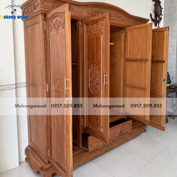 tủ quần áo 4 cánh 3 buồng gỗ cam xe