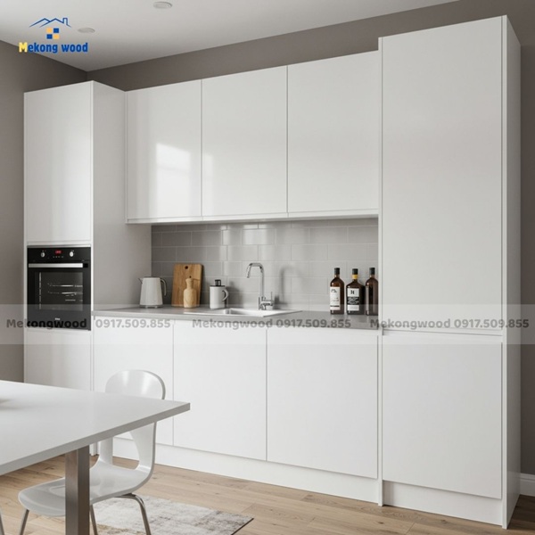 thiết kế thi công tủ bếp bằng ván nhựa pvc màu trắng