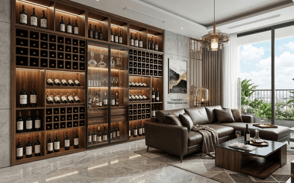 Hình ảnh tự rượu gỗ công nghiệp âm tường màu gỗ óc chó