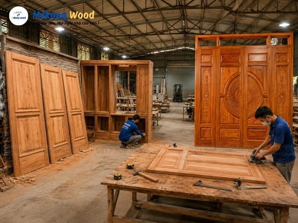 Hình ảnh thi công cửa gỗ tại xưởng nội thất Mekongwood