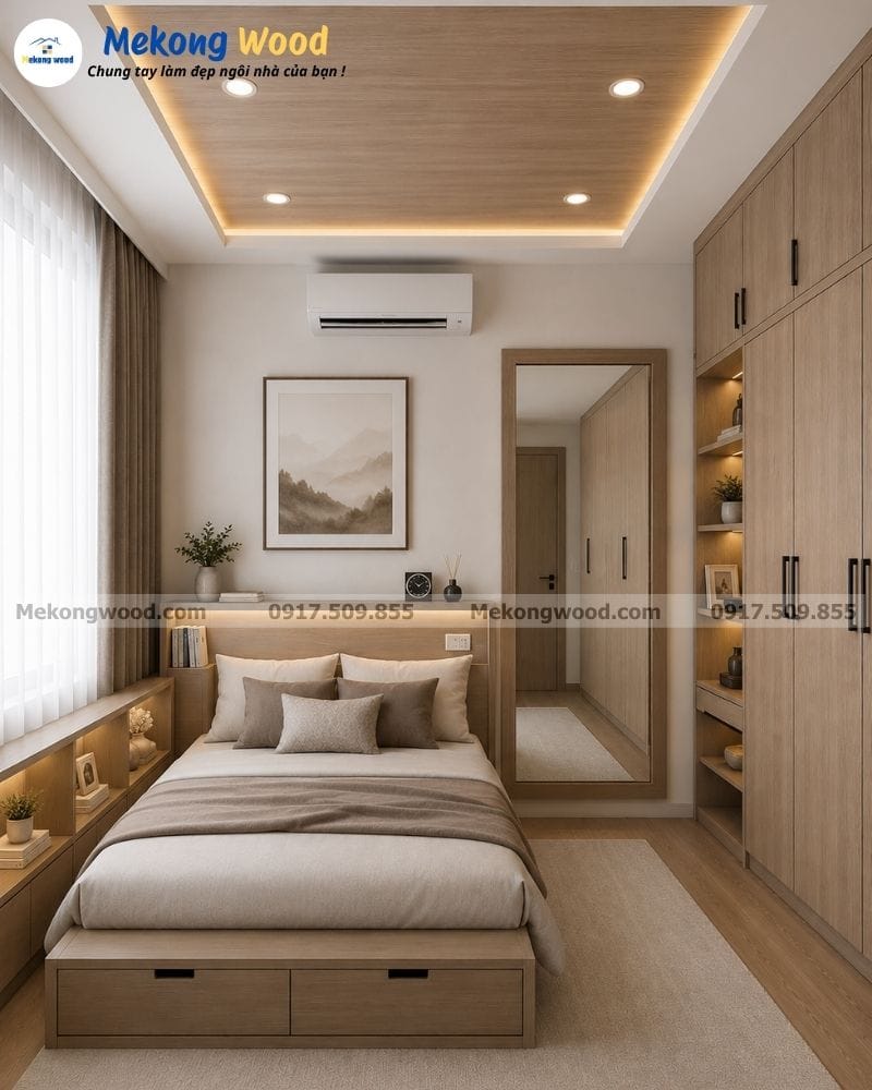 Thiết kế phòng ngủ nhỏ theo chiều dọc sát tường