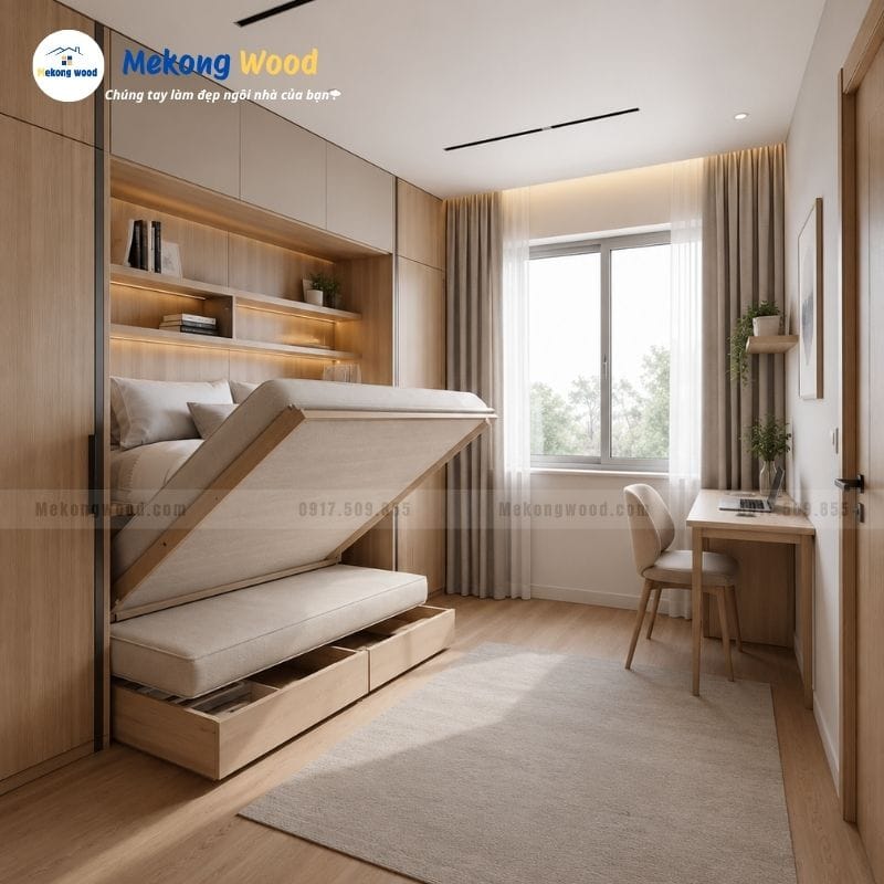 Hình ảnh thiết kế phòng ngủ thông minh với giường ngủ nâng hạ