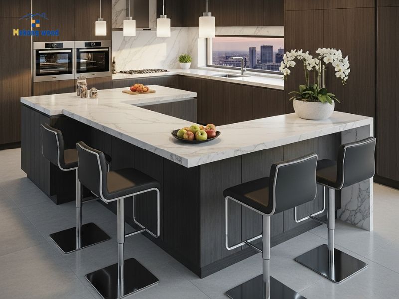 thiết kế tủ bếp chữ u có quầy bar mặt đá