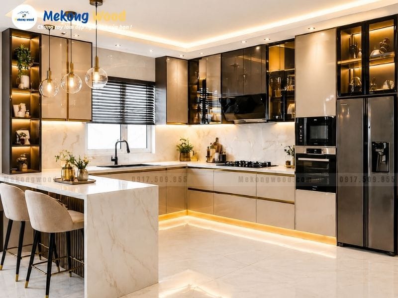 Hình ảnh thiết kế phòng bếp hiện đái với vật liệu gỗ công nghiệp phủ acrylic bóng gương
