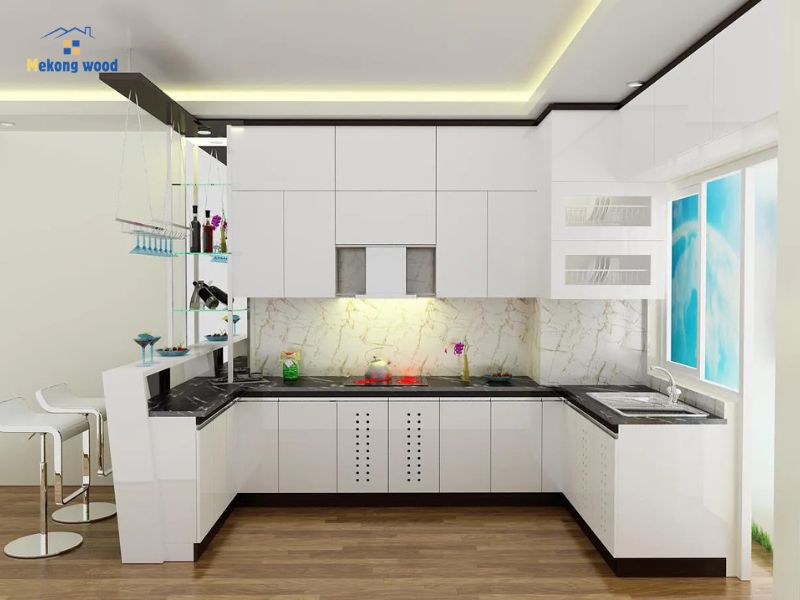 mẫu tủ bếp có quầy bar với thiết kế đơn giản