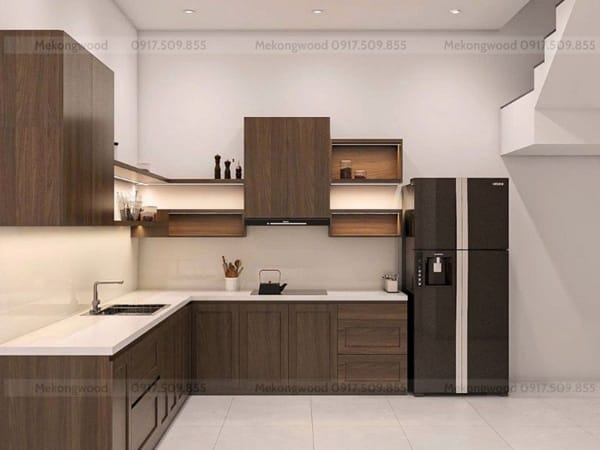 Hình ảnh thiết kế tủ bếp chư L hiện đại gỗ công nghiệp