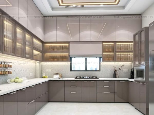 Hình ảnh tủ bếp chữ U gỗ công nghiệp acrylic