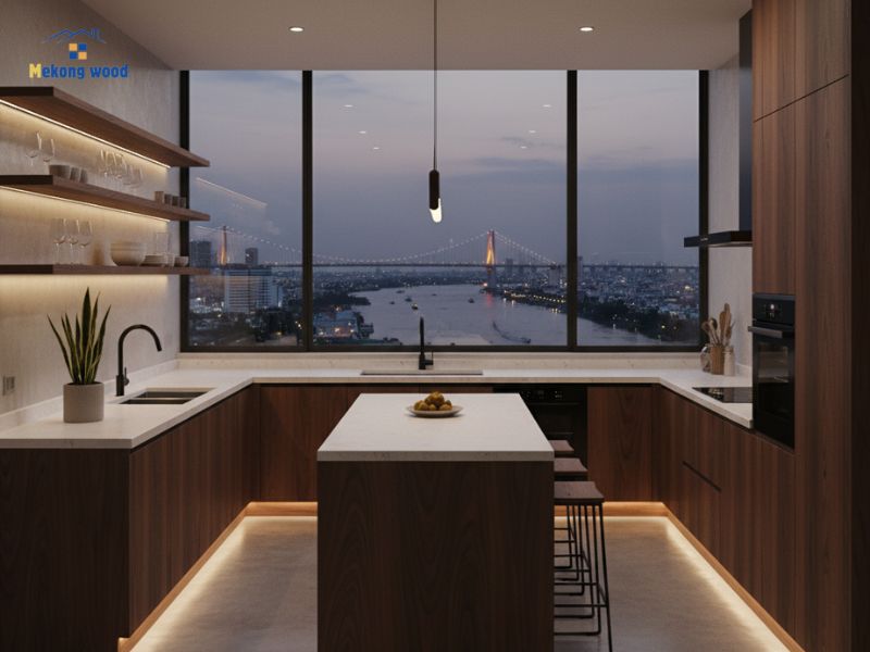 Mẫu tủ bếp chữ U có đảo ốp mặt đá