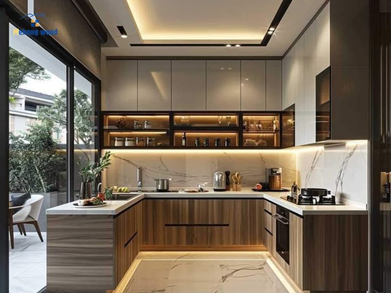 mẫu tủ bếp chữ u gỗ công nghiệp phủ melamine
