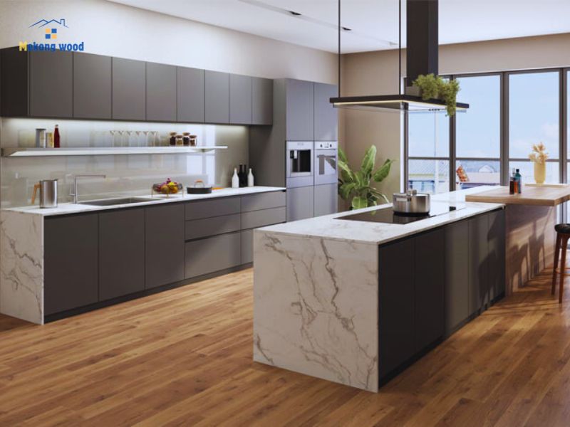 mẫu tủ bếp song song có quầy nhỏ