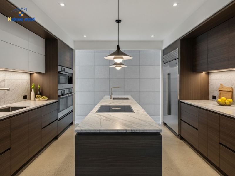 hình ảnh mẫu tủ bếp gỗ công nghiệp và mặt bàn đá