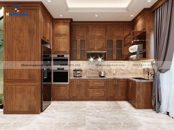 mẫu tủ bếp chữ U gỗ tự nhiên