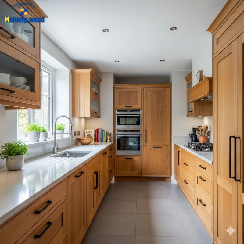 hình ảnh tủ bếp song song làm từ gỗ tự nhiên