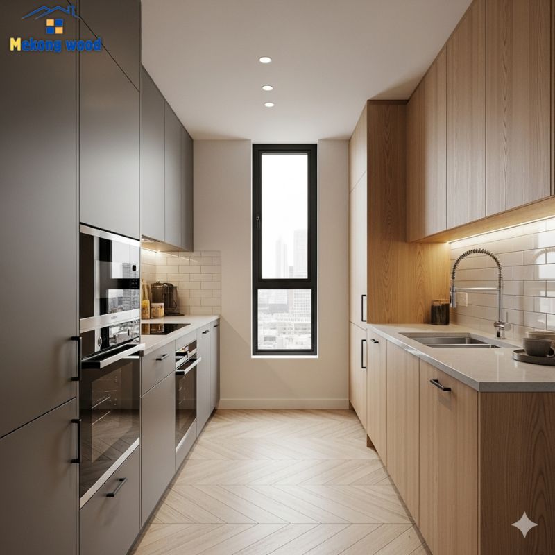 mẫu tủ bếp song song hiện đại và tiện lợi