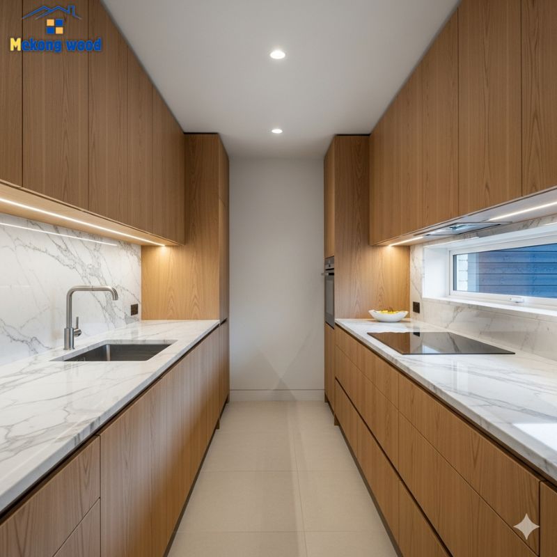 hình ảnh tủ bếp song song màu gỗ tự nhiên