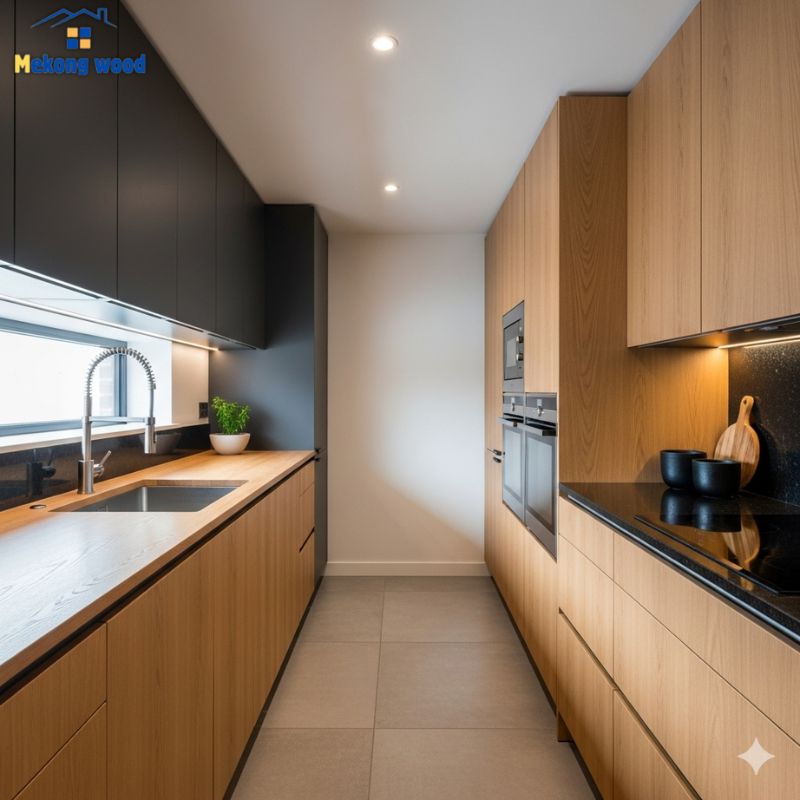 mẫu tủ bếp song song màu gỗ tự nhiên